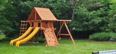 Woodplay double slide playground with swingset and climbing wooden